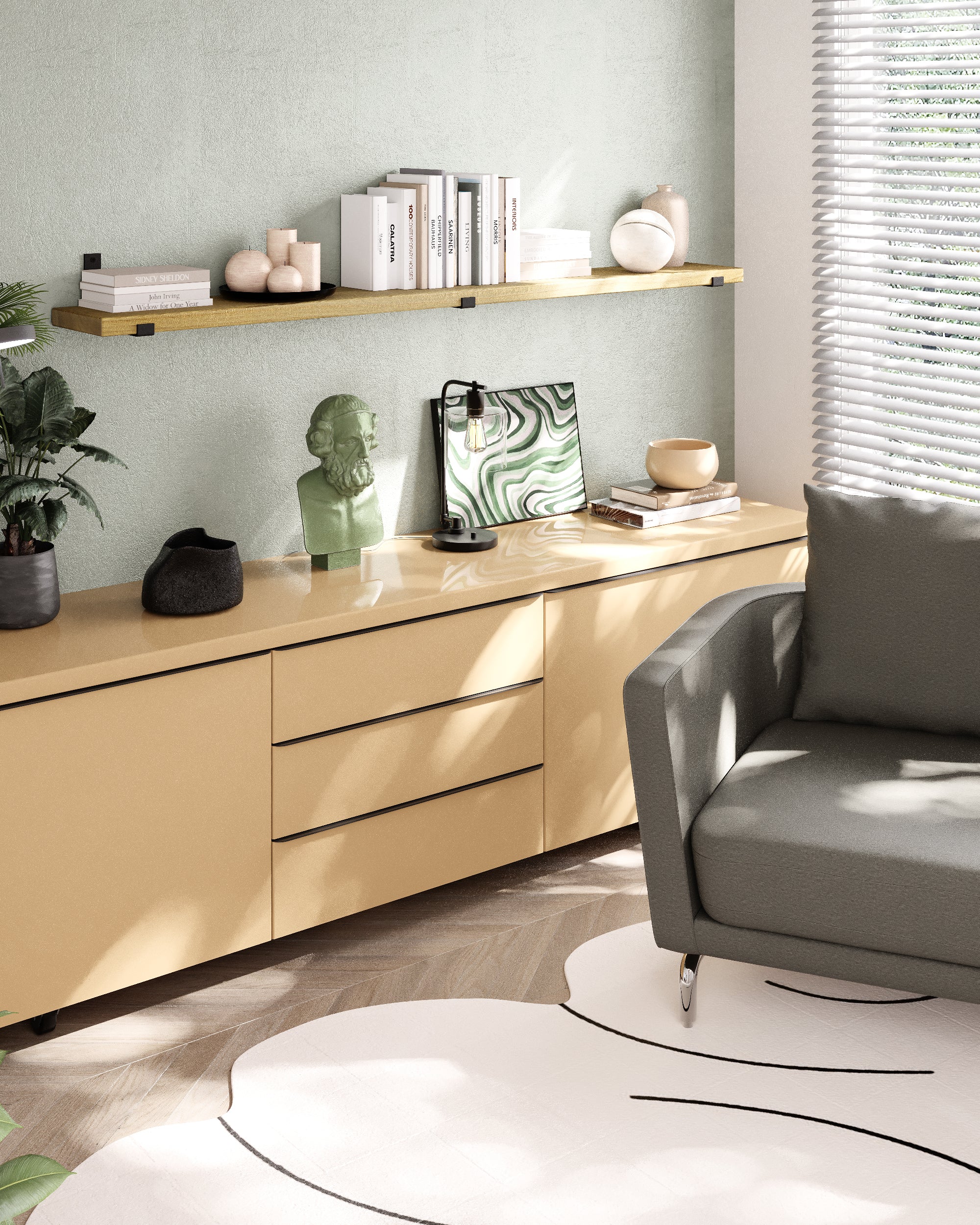Long boho shelf in a rich golden oak finish above a minimalist beige console. The contrast between wood tones and soft furnishings enhances room texture and depth.