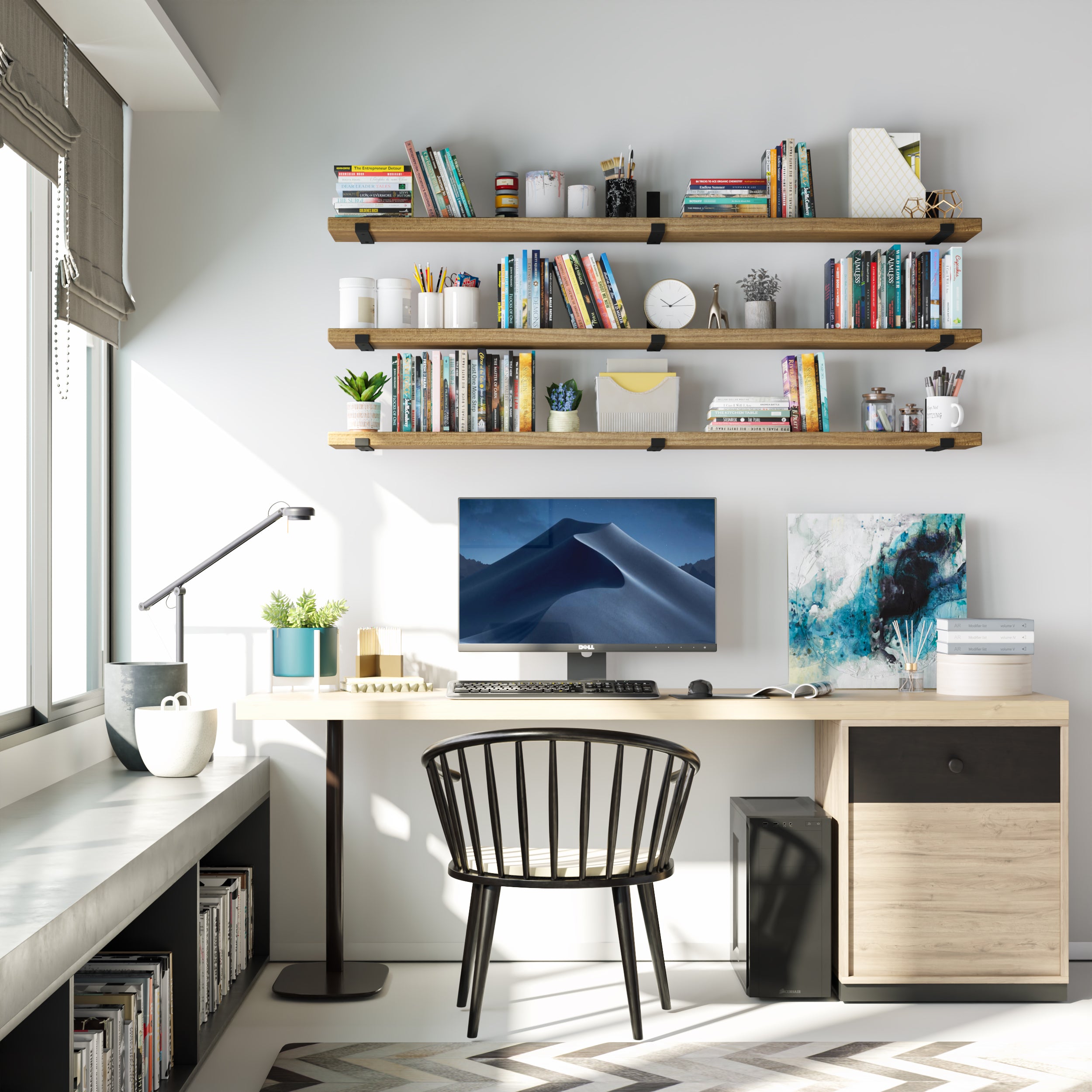 Wall book shelves above a home office desk. Perfect for book storage and decorative pieces, creating a vibrant yet organized workspace.