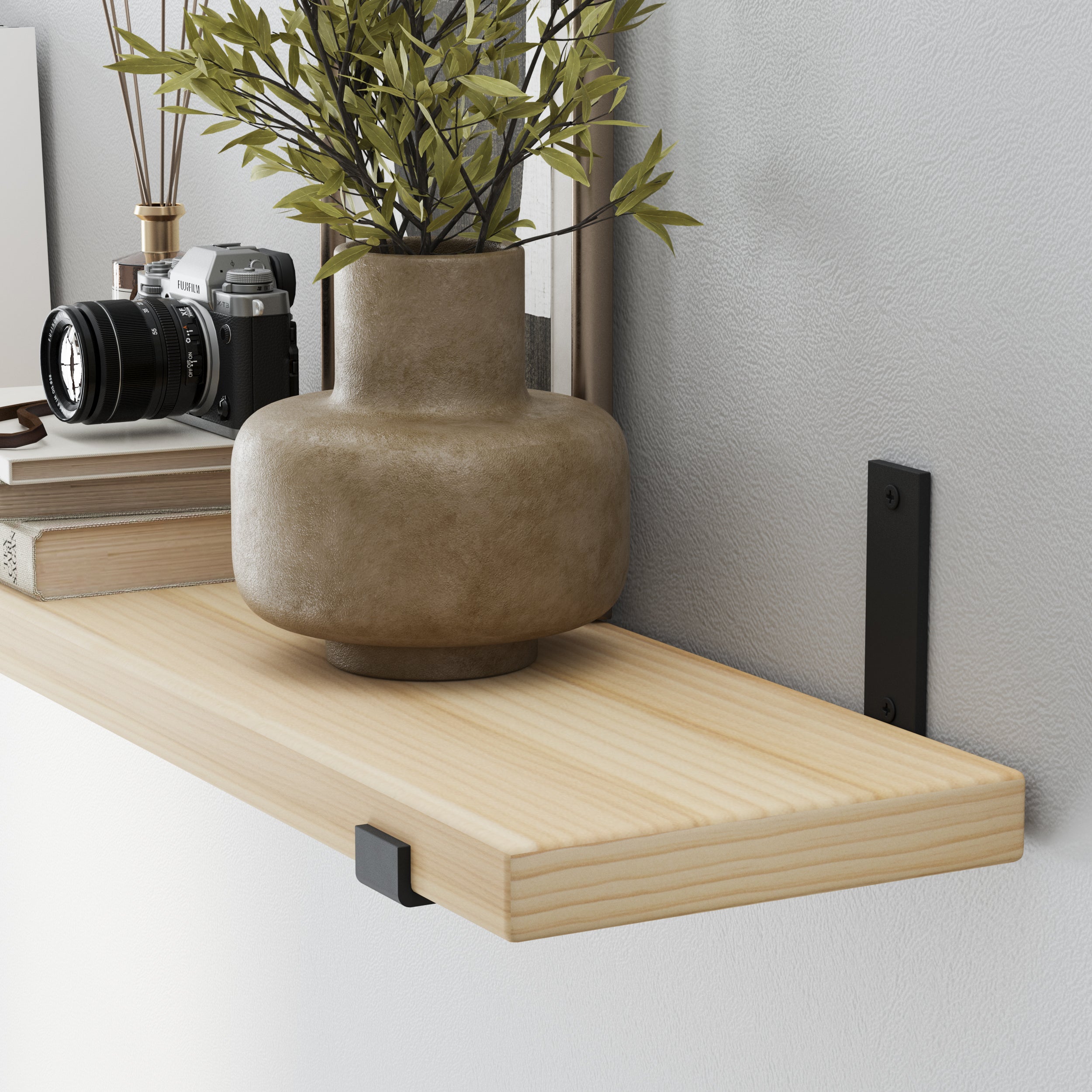 Clear-coated Natural wood shelf highlighting its smooth texture, subtle grain patterns, and matte black bracket for secure wall mounting.