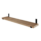 A 48 inch long rustic shelf with hidden black brackets, shown on a white background to emphasize structure, thickness, and finish.