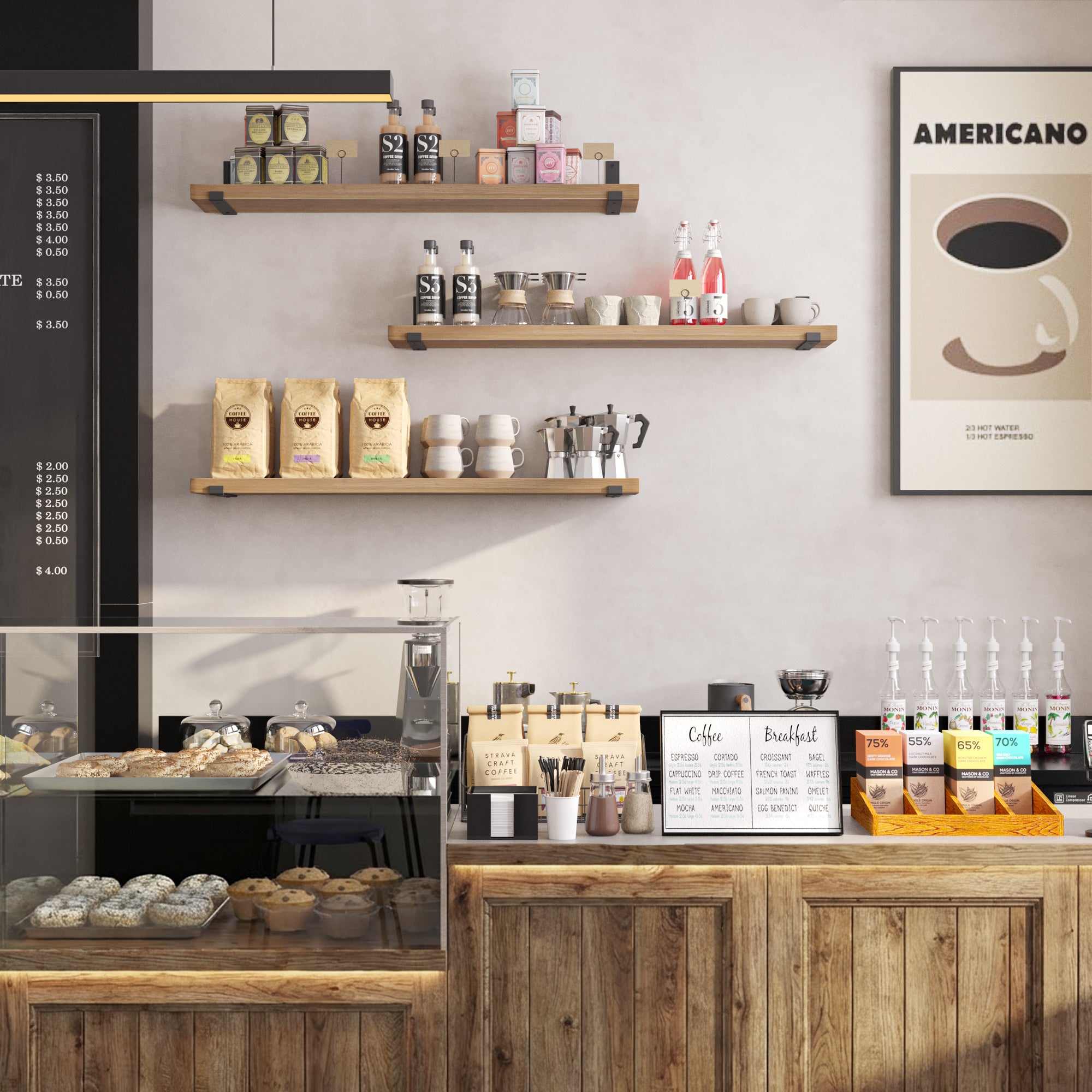 Café-style setup with multiple floating wood shelves displaying coffee products, mugs, and decor, creating a warm, organized retail or kitchen storage look.