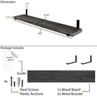Dimension and package overview showing 48" length, 9.25" depth, and 1.5" thickness. Includes 1 wood board, 2 metal brackets, screws, anchors, and installation guide.