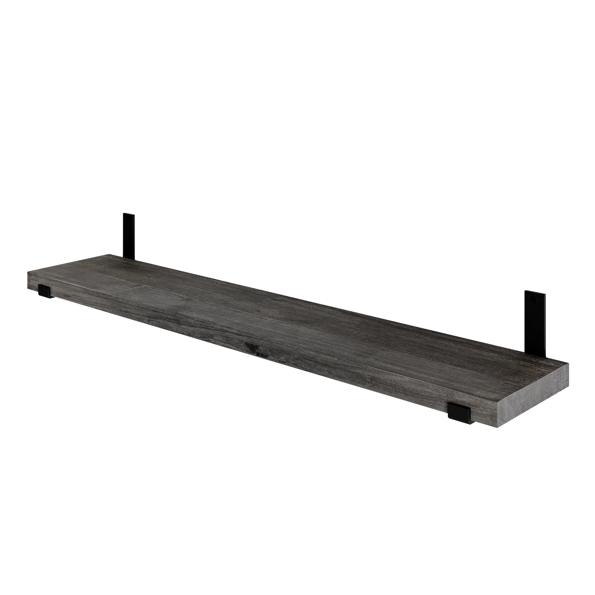 A single ebony farmhouse & boho shelf with black heavy duty brackets, highlighting structure, thickness, and clean design on a white background.