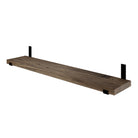 A long floating shelf in dark wood finish with hidden black brackets. Clean, minimalist design highlights thickness, wood grain, and sturdy wall-mount structure.