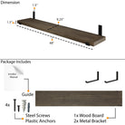 Dimension and package overview showing 48" length, 9.25" depth, and 1.5" thickness. Includes 1 wood board, 2 metal brackets, screws, anchors, and installation guide.