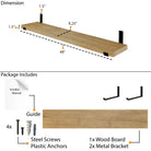 Dimension and package overview showing 48" length, 9.25" depth, and 1.5" thickness. Includes 1 wood board, 2 metal brackets, screws, anchors, and installation guide.