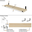 Dimension and package overview showing 48" length, 9.25" depth, and 1.5" thickness. Includes 1 wood board, 2 metal brackets, screws, anchors, and installation guide.