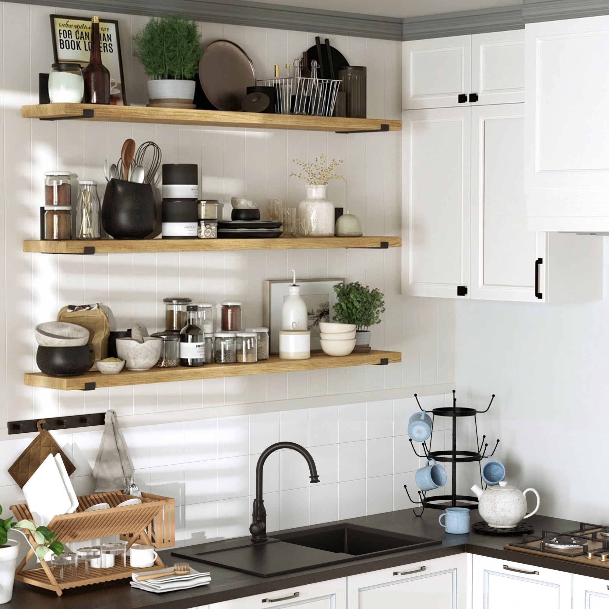 Three golden oak kitchen storage shelves in a kitchen setting. Organized with jars, utensils, and décor, showcasing practical storage and warm, farmhouse-inspired style.