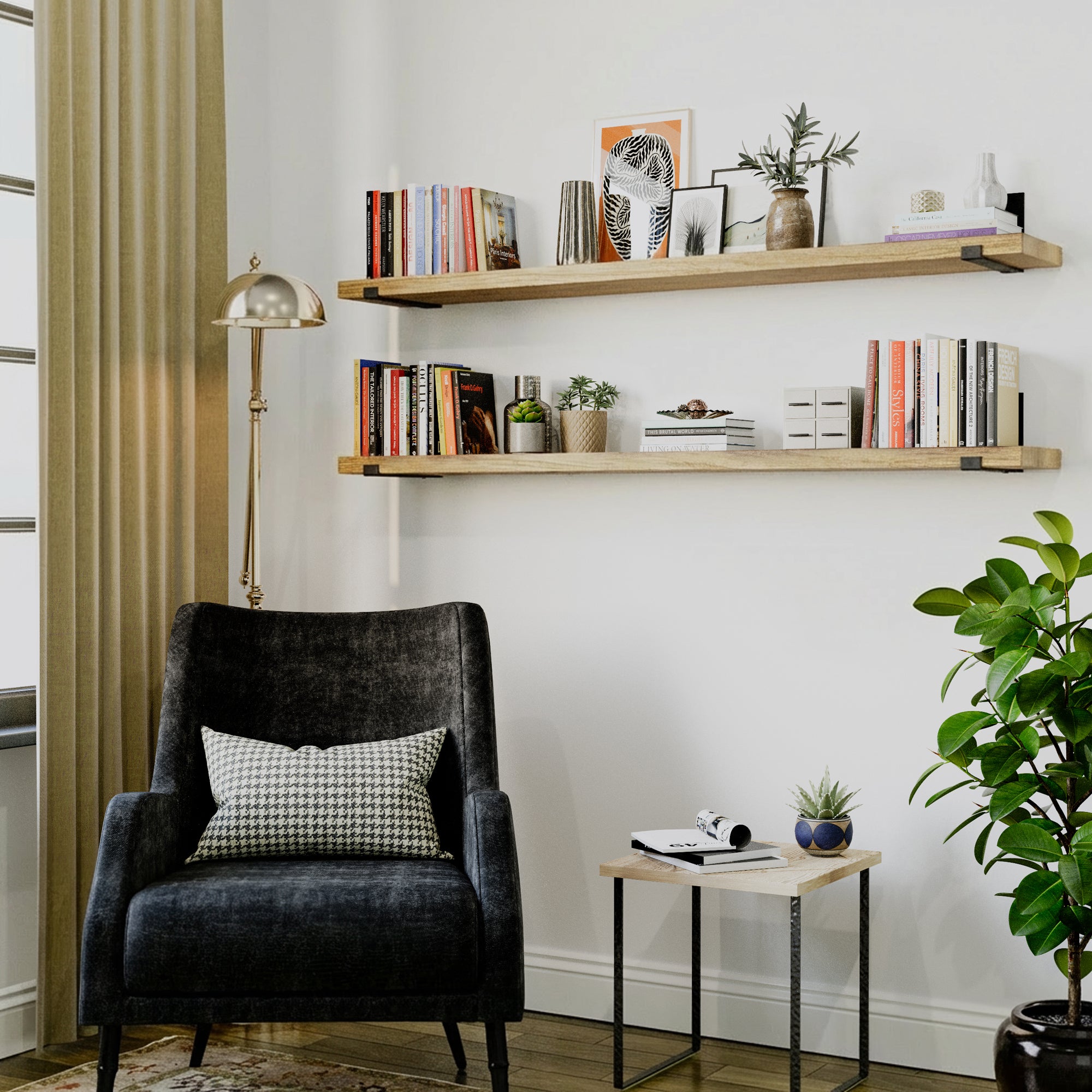 Two living room shelves above a lounge chair. Styled with books and décor, adding warmth and functional storage to a modern living room corner.