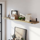 A stylish real wood rustic shelf with Golden Oak finish provides spacious wall-mounted storage for books, framed artwork, candles, and plants. Hanging shelf hardware delivers strength with timeless farmhouse appeal.