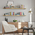 60 inch long living room farmhouse shelf. The Golden Oak finish highlights the natural wood grain, adding warm rustic charm to living rooms, bedrooms, offices, and reading nooks.