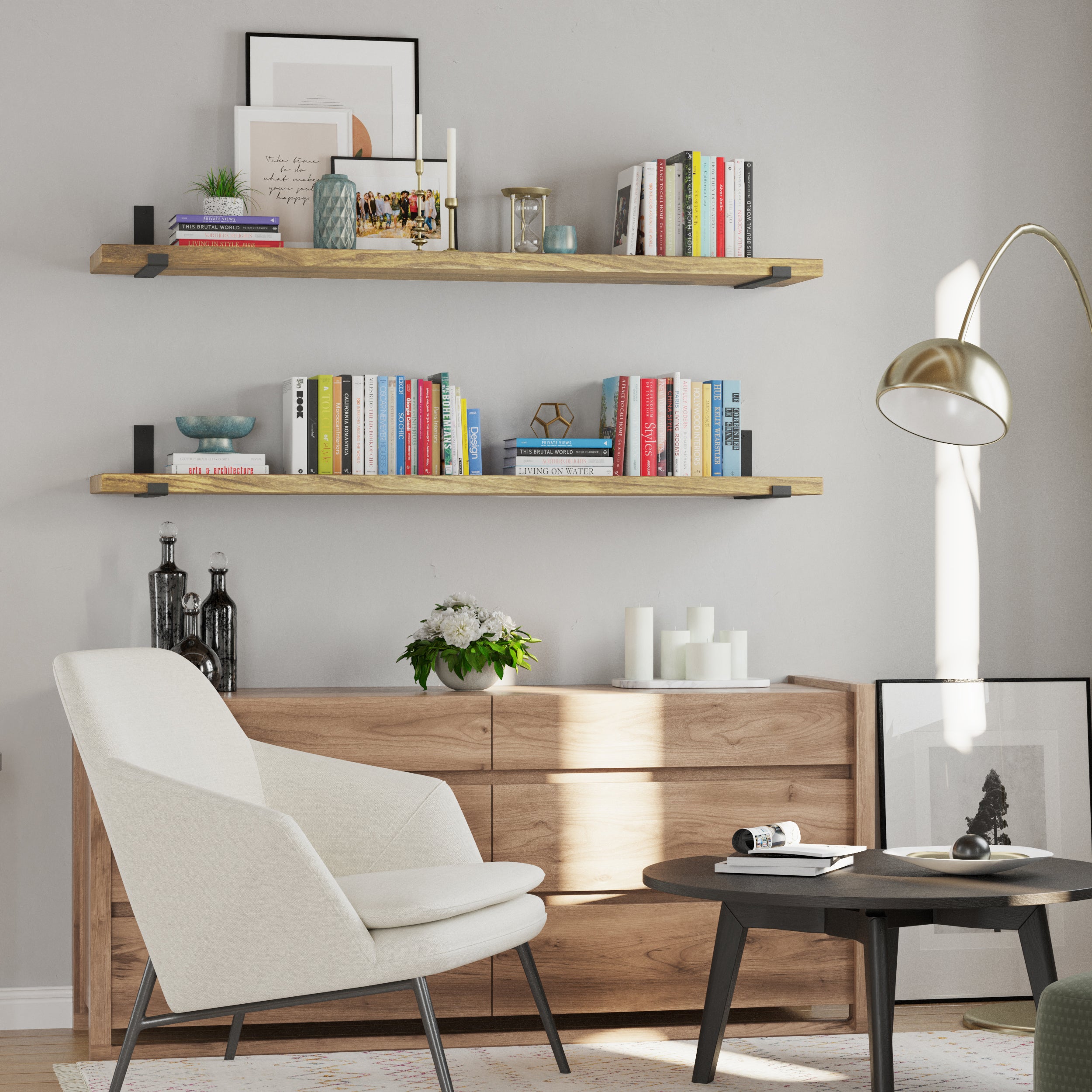 60 inch long living room farmhouse shelf. The Golden Oak finish highlights the natural wood grain, adding warm rustic charm to living rooms, bedrooms, offices, and reading nooks.