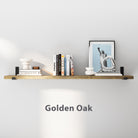 60 inch long real wood hanging shelf with a warm Golden Oak finish and 11.25" wide heavy duty shelf brackets, creating rustic wall storage for books, framed art, candles, and décor. A durable industrial pipe shelf that blends farmhouse, modern, and industrial styles.
