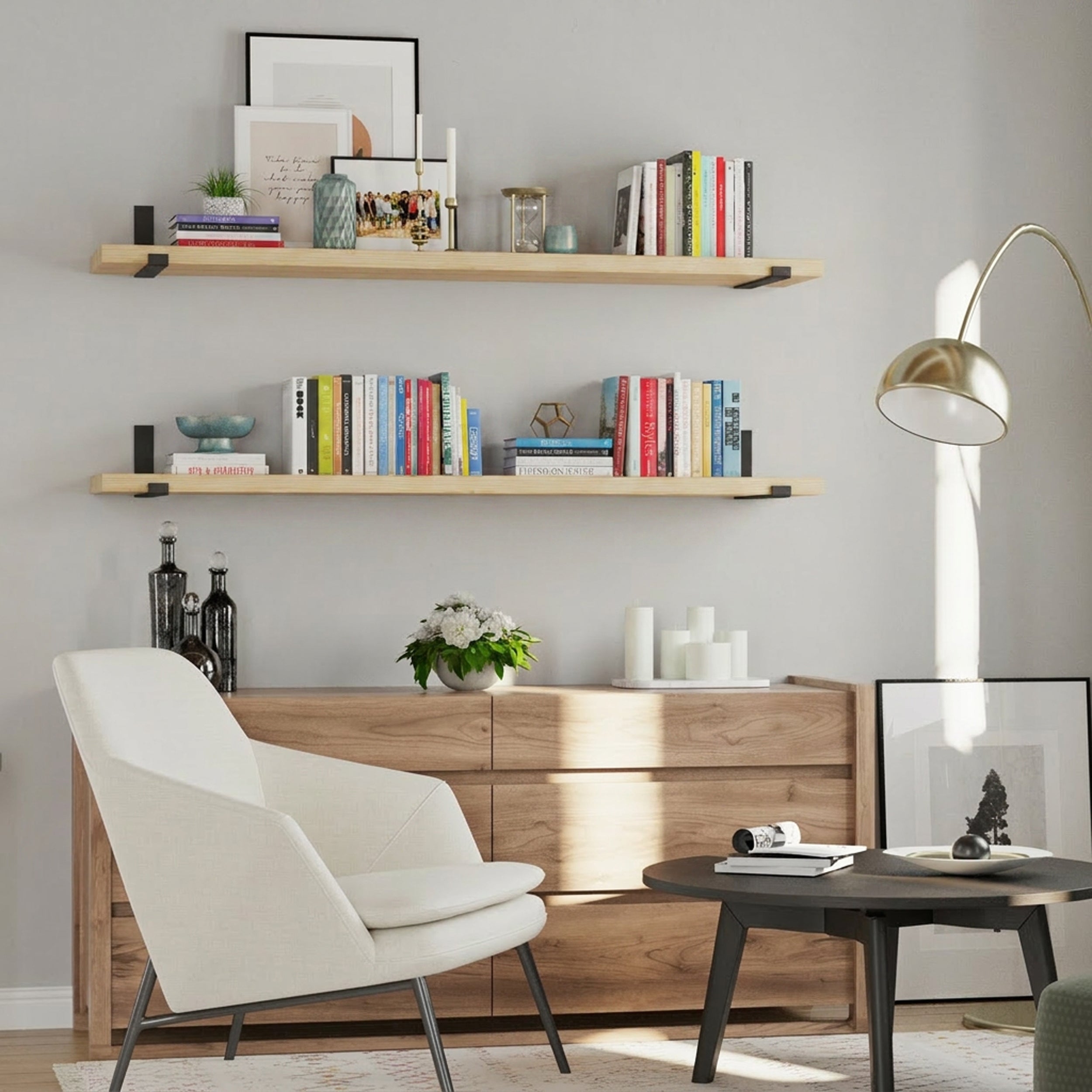 Living room storage decor with a 60 inch long shelf featuring a warm natural finish. Perfect for displaying books, framed photos, plants, and decorative accents while creating elegant floating wall storage with timeless appeal.
