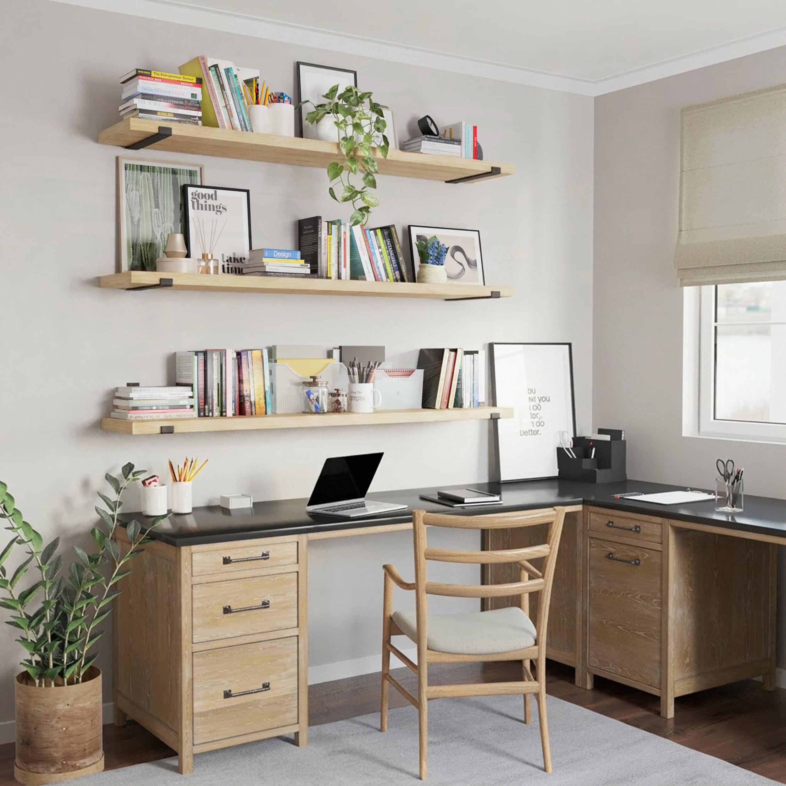 A home office with 60 inch long office book shelves with a premium natural finish. Spacious floating wall shelves keep books, office supplies, and décor neatly displayed while adding warmth and modern style to your home office.