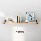 Décor, books, and artwork on a rustic 60 inch long shelf crafted with a beautiful natural finish. The clean wall-mounted design highlights real wood grain, making it ideal for modern, Scandinavian, farmhouse, and minimalist interiors.