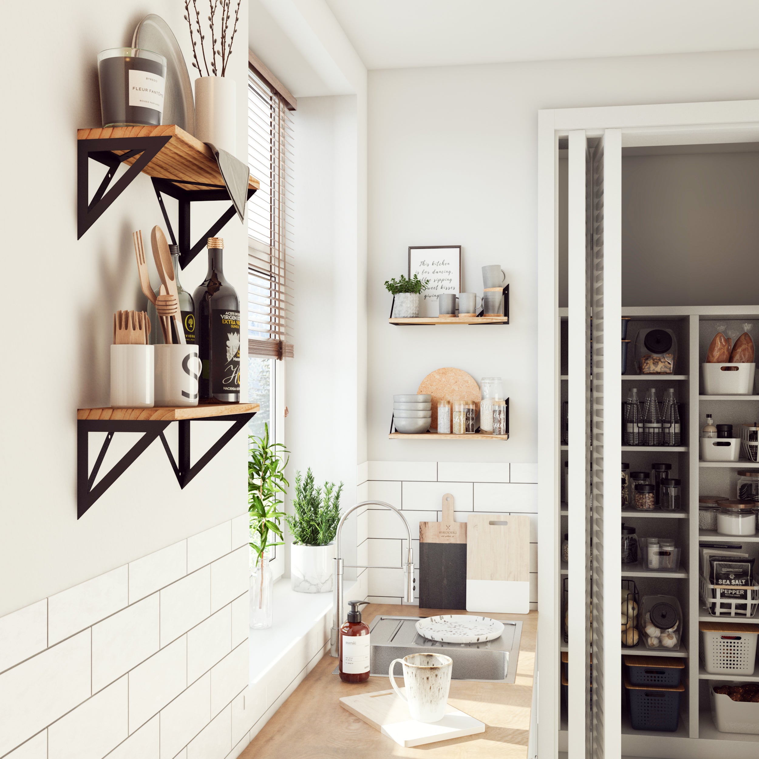 Kitchen with wooden shelves supported by triangular black metal brackets for storage and decor.