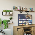 Living room with wall shelves supported by triangular black metal brackets, displaying books and plants.