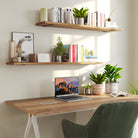 A tidy workspace with two wall mounted storage shelves above the desk, featuring books, plants, and minimalist decor, enhancing both organization and aesthetics.