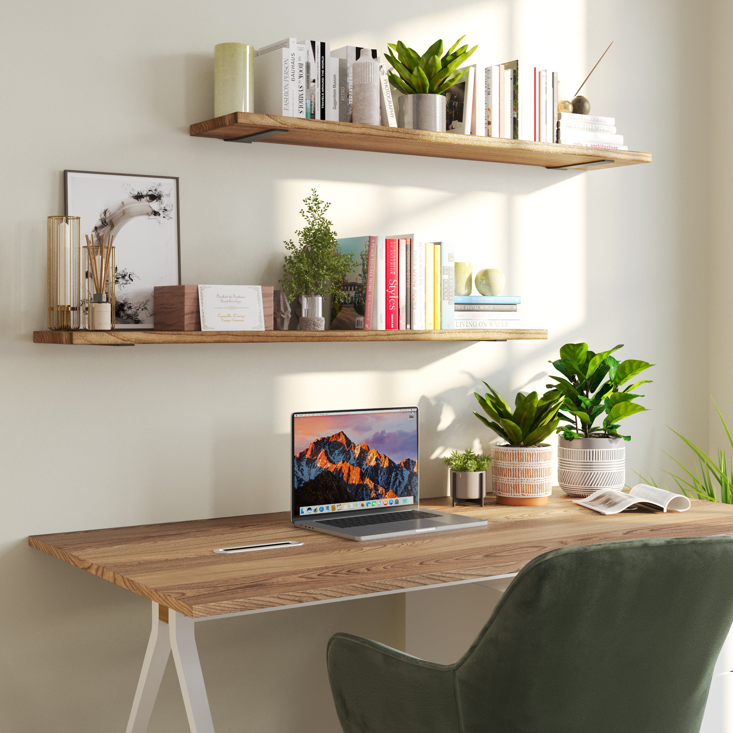 A tidy workspace with two wall mounted storage shelves above the desk, featuring books, plants, and minimalist decor, enhancing both organization and aesthetics.