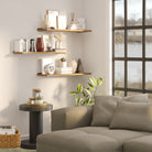 3 Wall book shelves with rich burnt finish, perfect for living room wall décor and modern farmhouse styling. These long shelves display books, candles, plants, and decorative accents with a clean floating look.