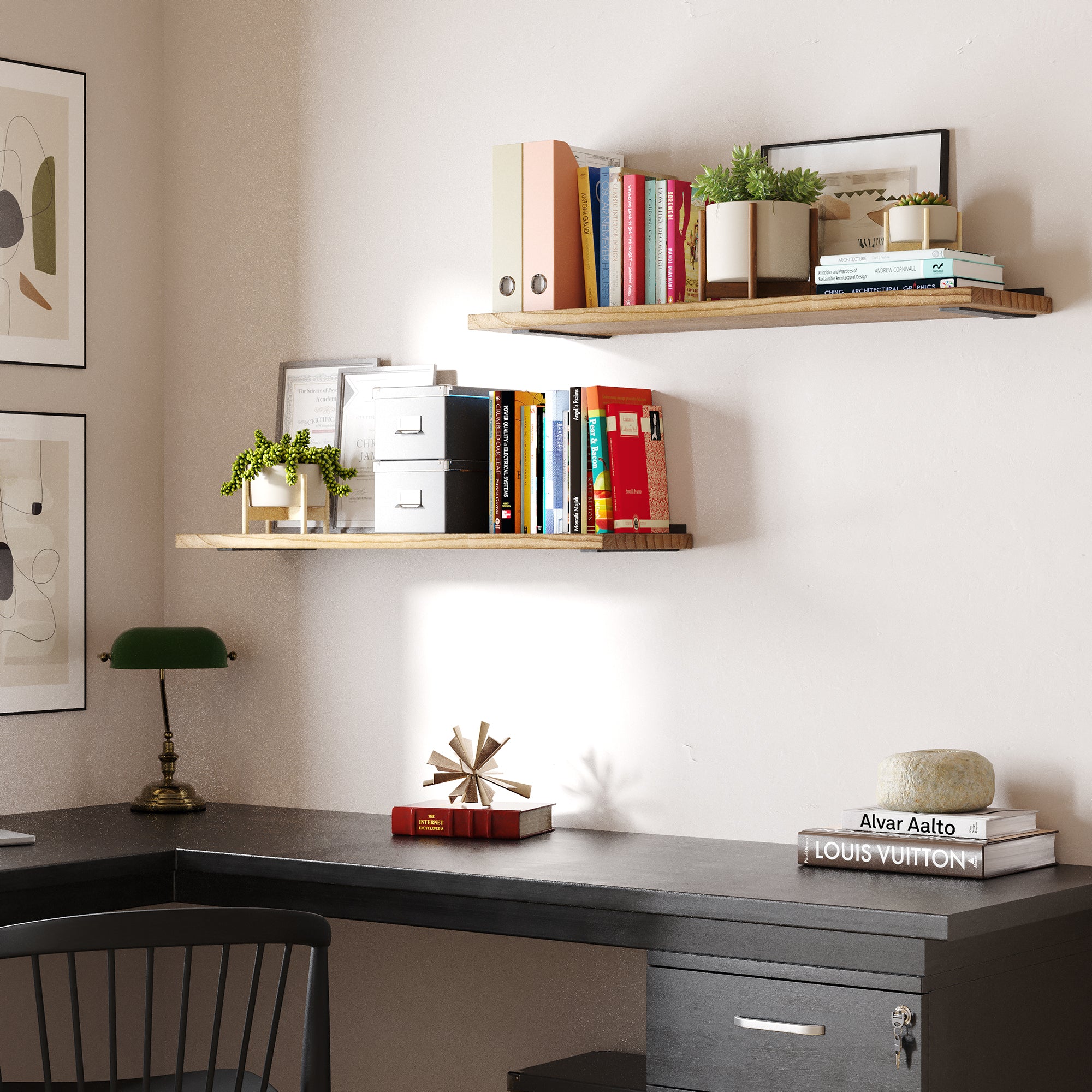 2 office organizer shelves with burnt finish, designed for office, study, or home organization. This floating book shelf provides practical storage for binders, books, and décor while maximizing unused wall space.