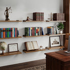 36 inch rustic shelves in a professional office setting with rich burnt finish applied on the shelf. Ideal for book organization, legal books, certificates, and office décor, creating elegant wall-mounted storage.