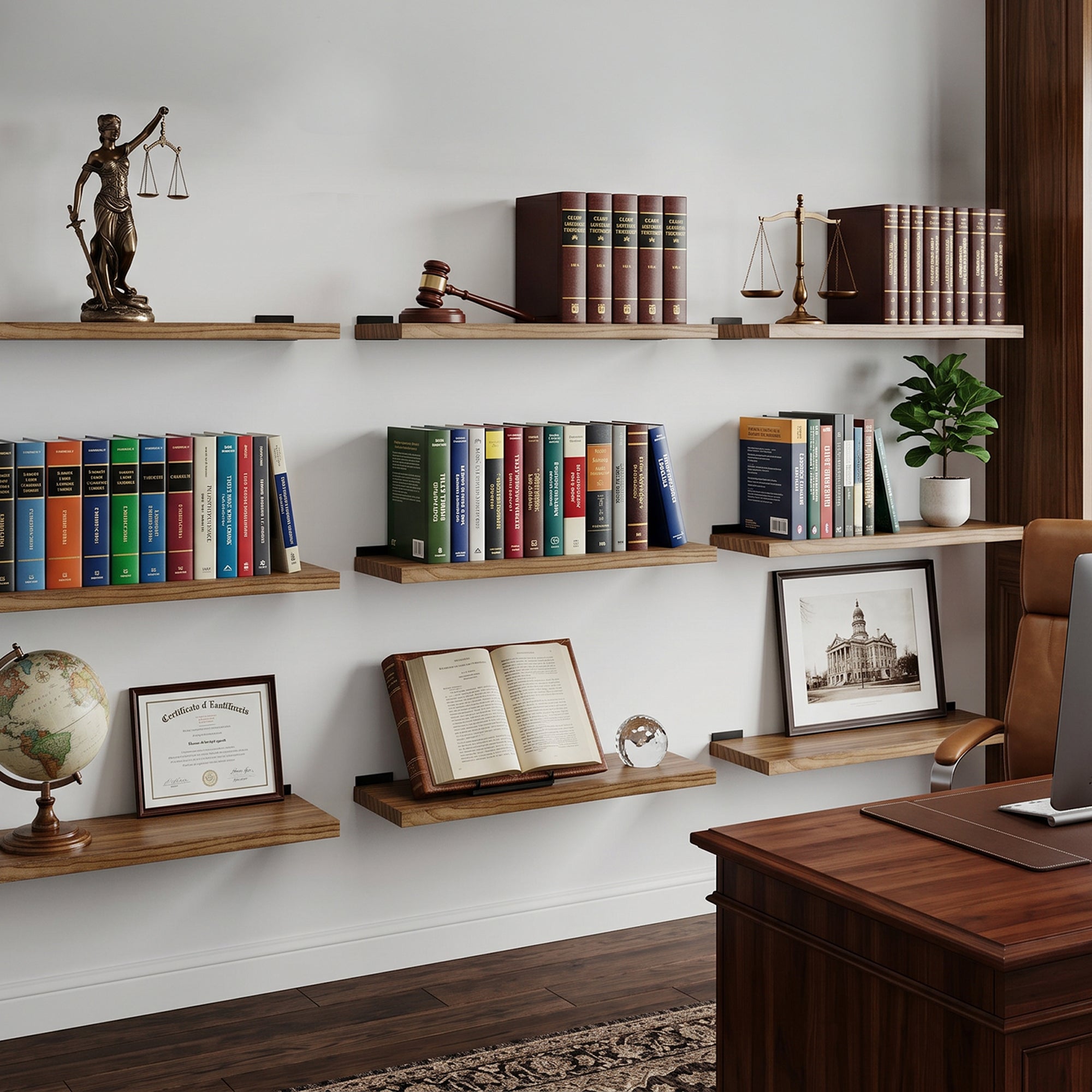36 inch rustic shelves in a professional office setting with rich burnt finish applied on the shelf. Ideal for book organization, legal books, certificates, and office décor, creating elegant wall-mounted storage.