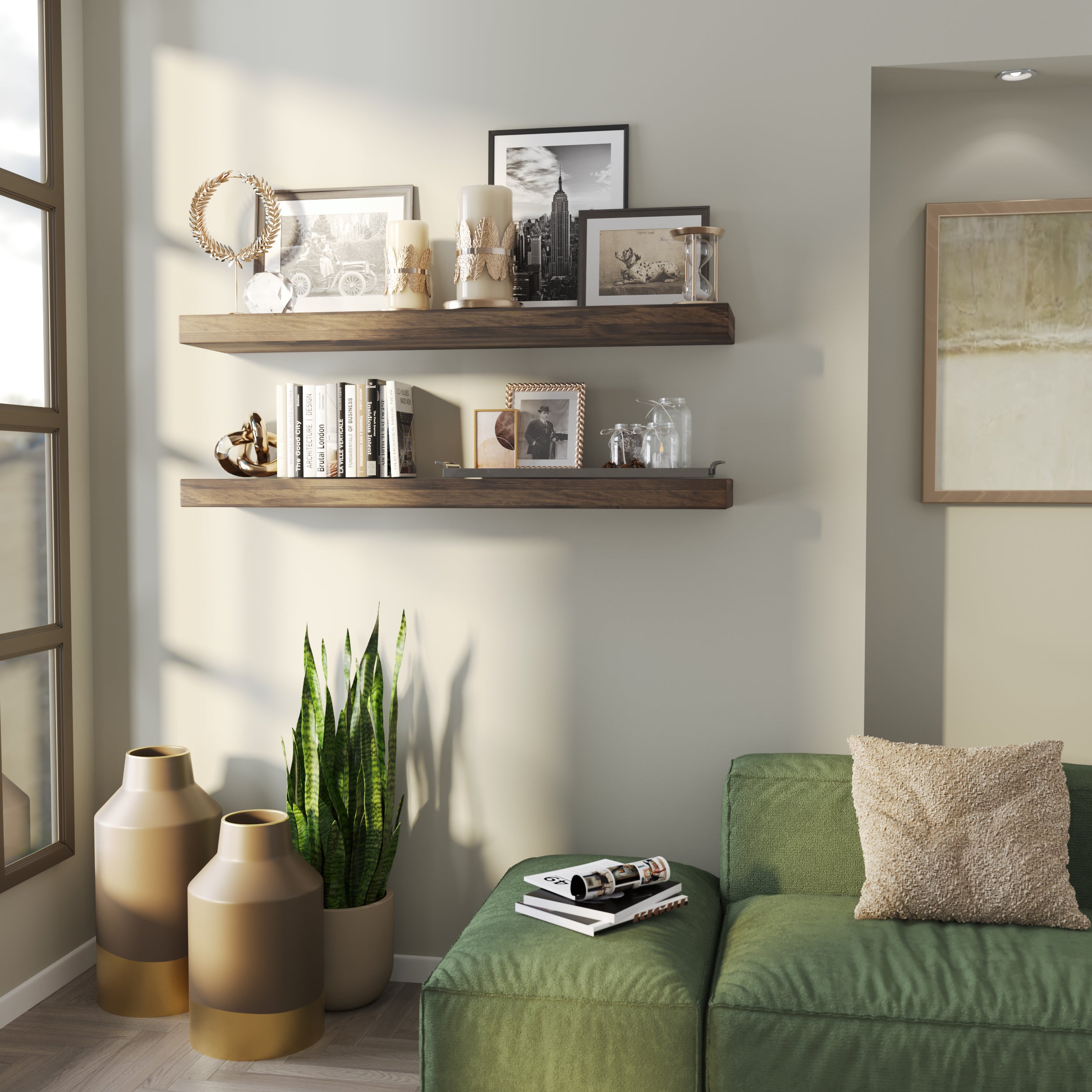 Two espresso-toned floating shelves hold books, candles, and black-and-white photos, adding a warm, nostalgic feel to a cozy reading nook with natural light.