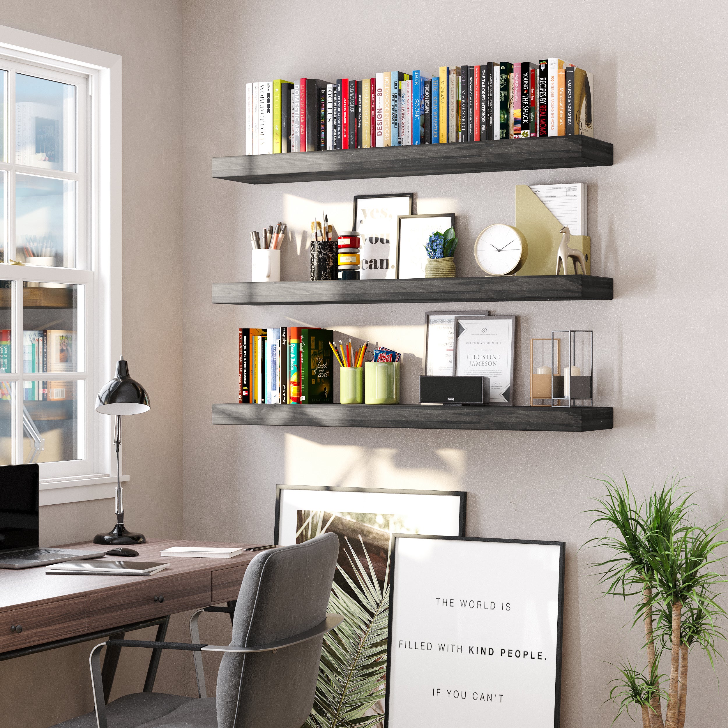 An elegant home office setup with three ultra thick boho shelves, organizing stationery, books, framed art, and accessories above a modern desk by the window.