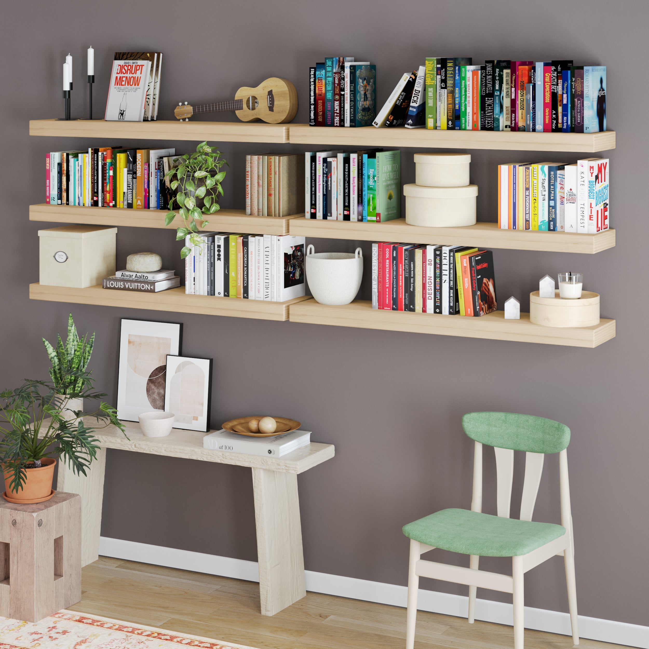 A visually rich setup featuring six natural-finished floating shelves filled with books, greenery, and decorative containers, creating a stylish home library above a rustic bench.