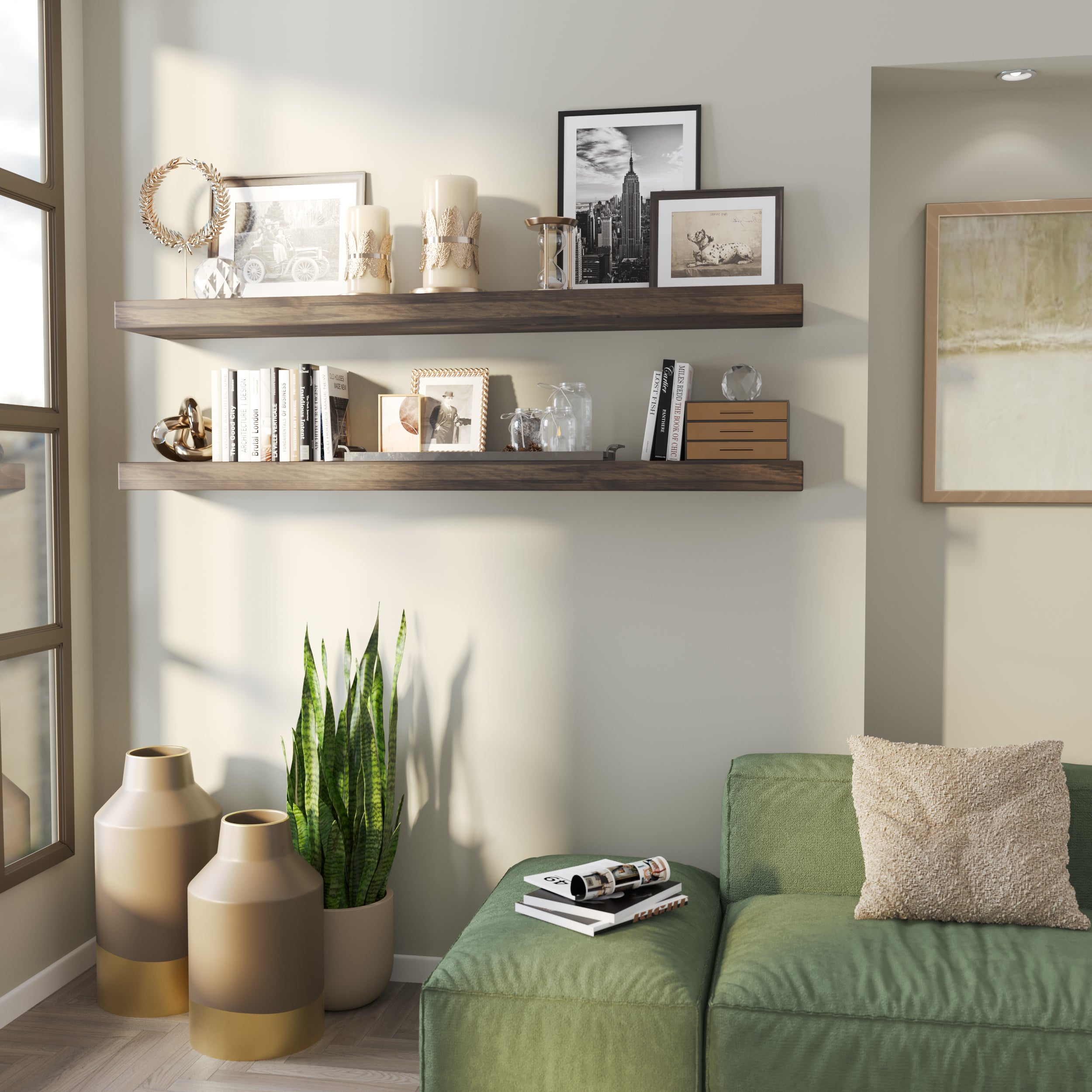Two espresso-toned floating shelves with hidden bracket hold books, candles, and black-and-white photos, adding a warm, nostalgic feel to a cozy reading nook with natural light.
