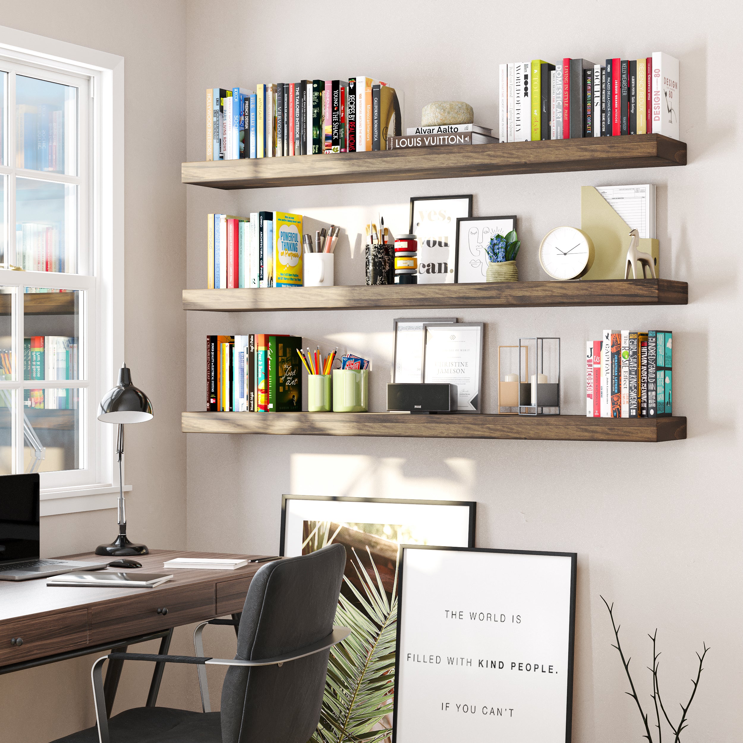 A home office wall features three espresso-colored long floating shelves organized with books, pencils, clocks, and décor—enhancing productivity with modern charm.