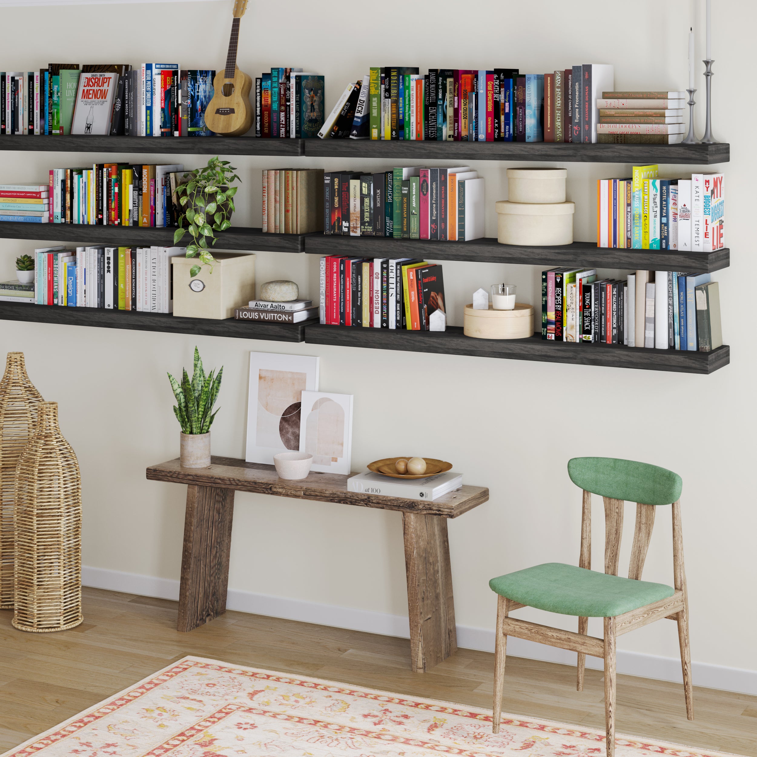 A functional and decorative wall-mounted setup featuring six floating ebony-finish farmhouse shelves filled with books, plants, and storage boxes. Perfect for a home library or study room.