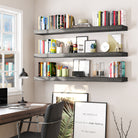 An elegant home office setup with three ultra thick farmhouse shelves, organizing stationery, books, framed art, and accessories above a modern desk by the window.