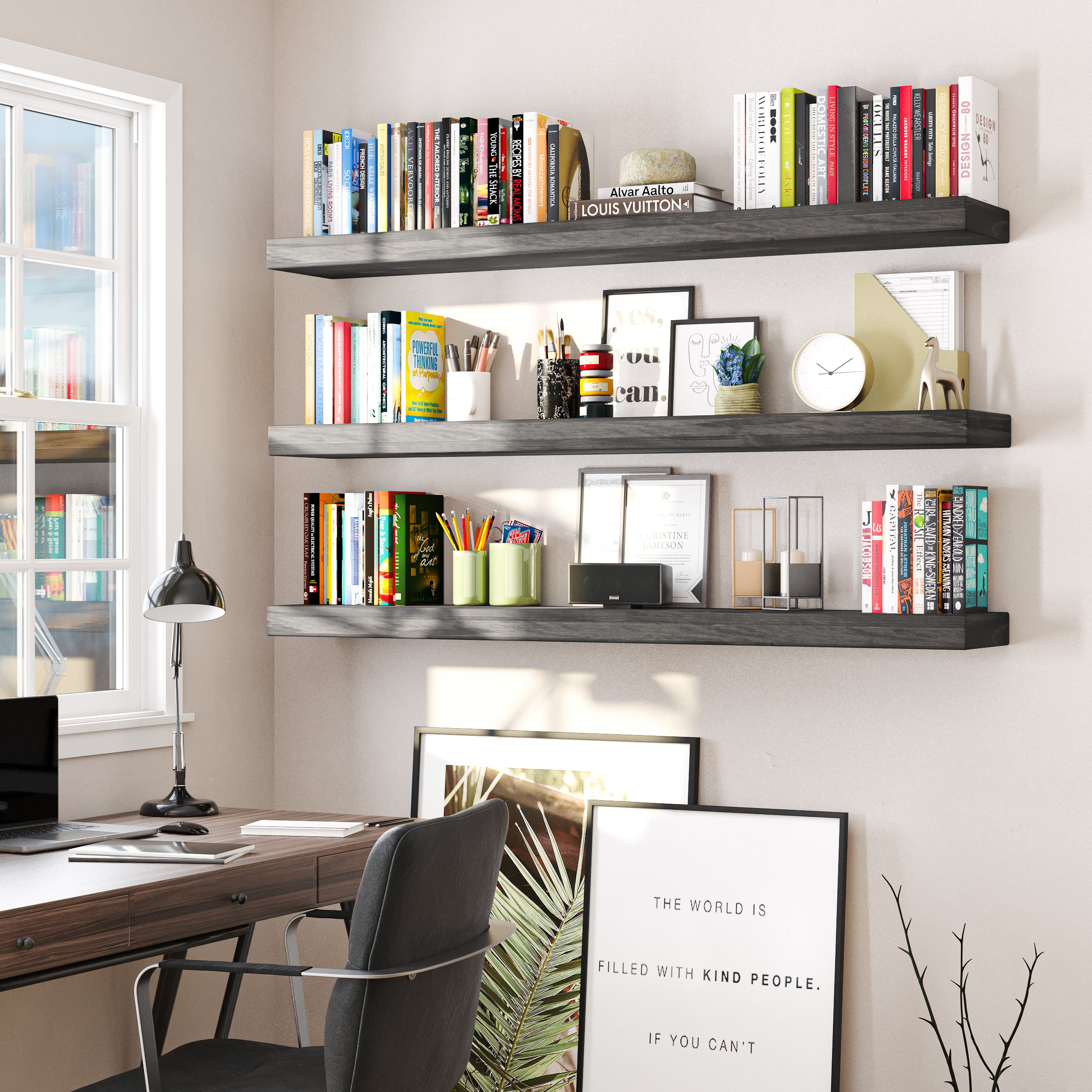 An elegant home office setup with three ultra thick farmhouse shelves, organizing stationery, books, framed art, and accessories above a modern desk by the window.