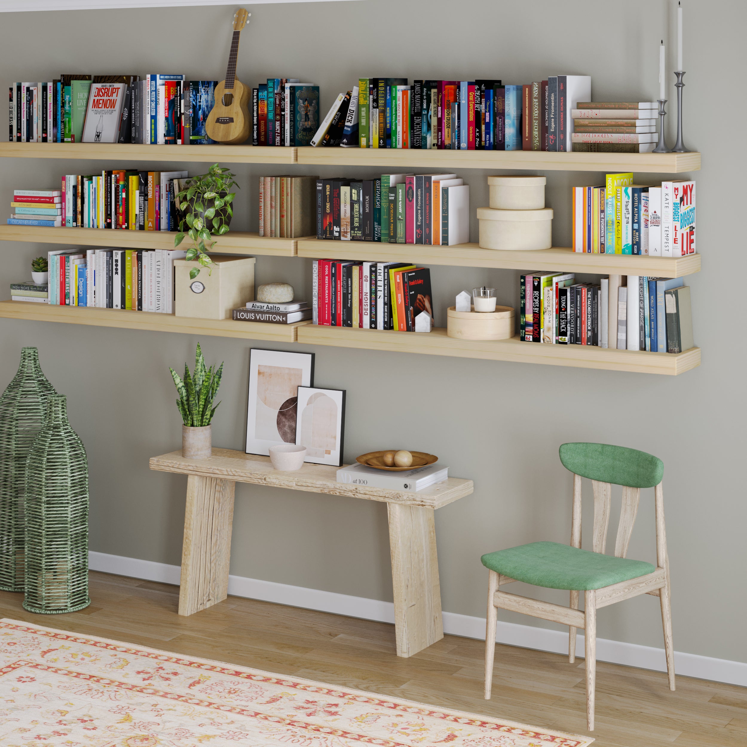 A visually rich setup featuring six natural-finished floating shelves filled with books, greenery, and decorative containers, creating a stylish home library above a rustic bench.