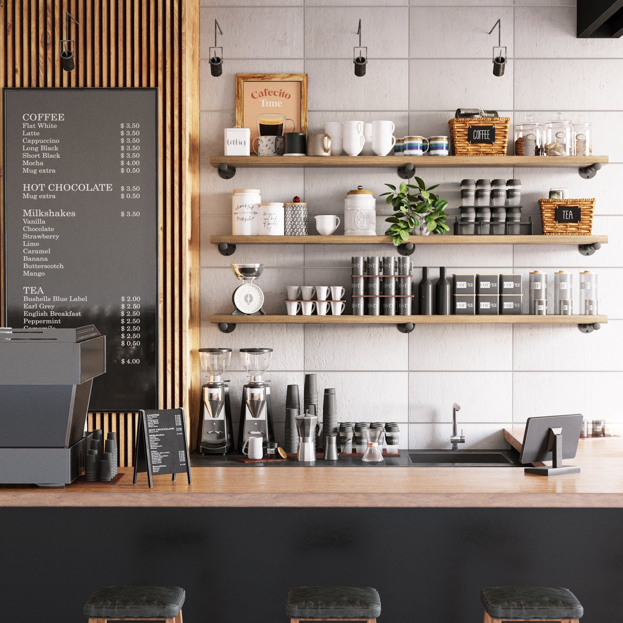 A cafe setting with multiple wall-mounted long shelves with pipe brackets displaying various coffee-related items, such as mugs, jars, plants, and canisters. The shelves contribute to a cozy and organized coffee shop ambiance.