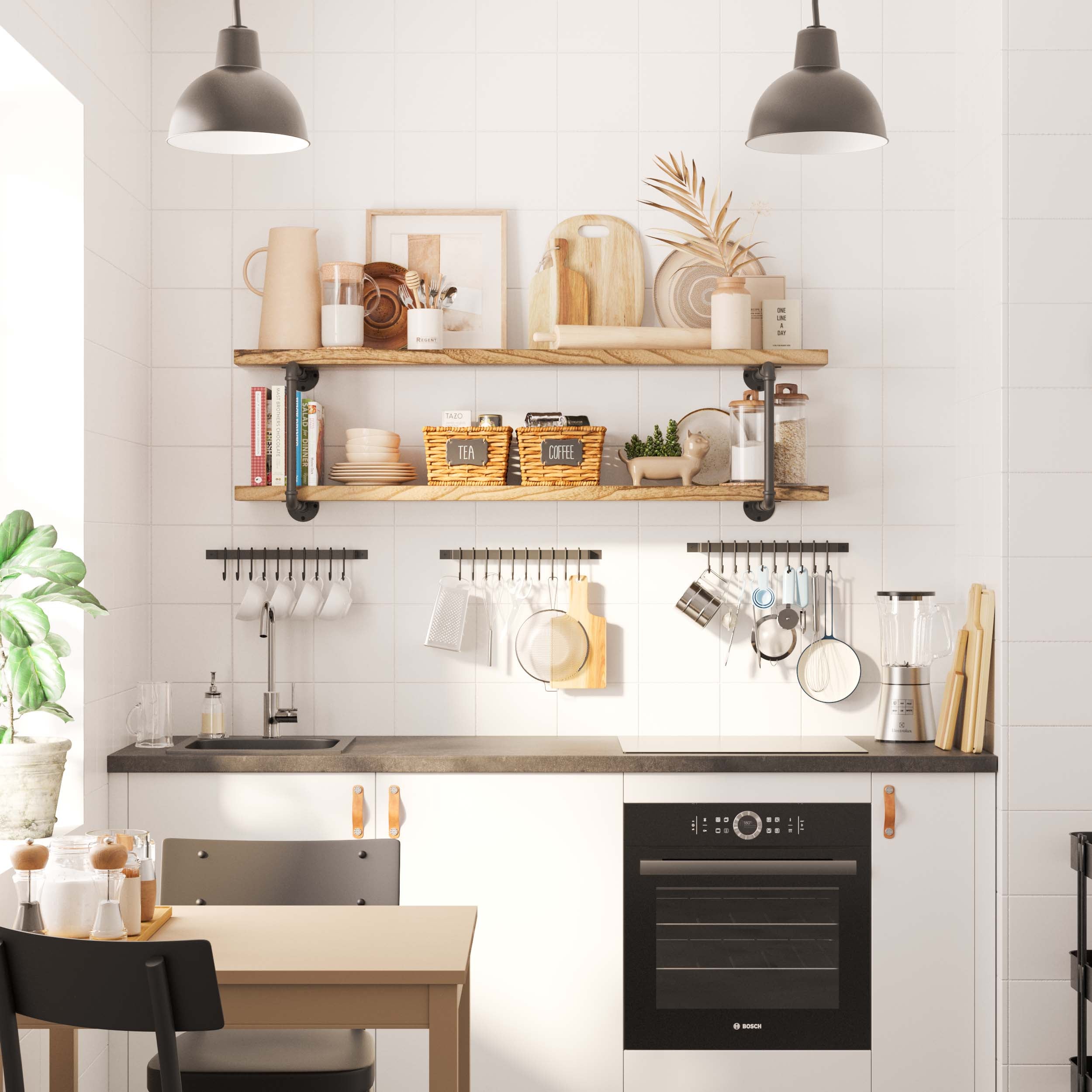 2 tier kitchen wall shelves with industrial pipe brackets used in a kitchen setting, holding jars, books, and decor.