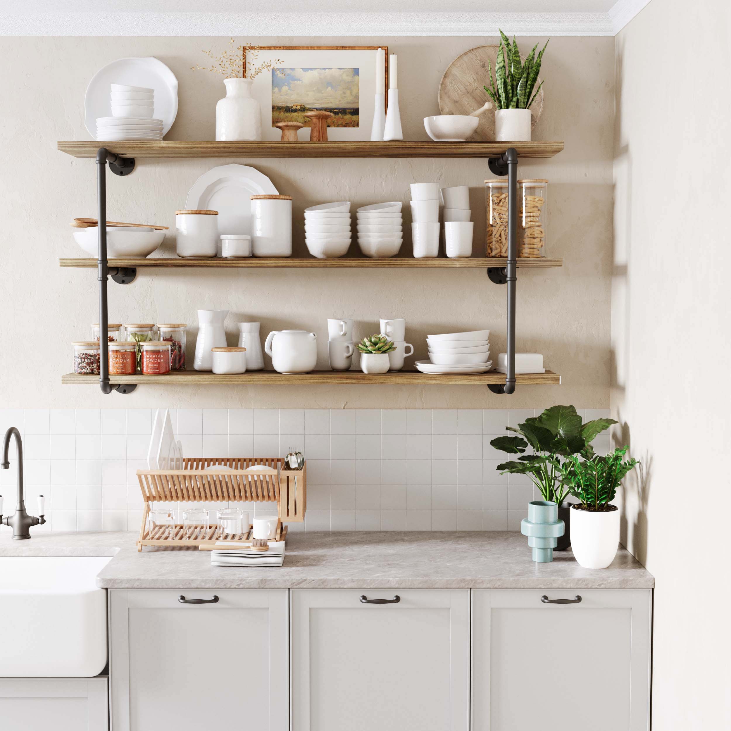 Elegant long kitchen storage shelves with black heavy duty pipe brackets, ideal for organizing dishes and plants.