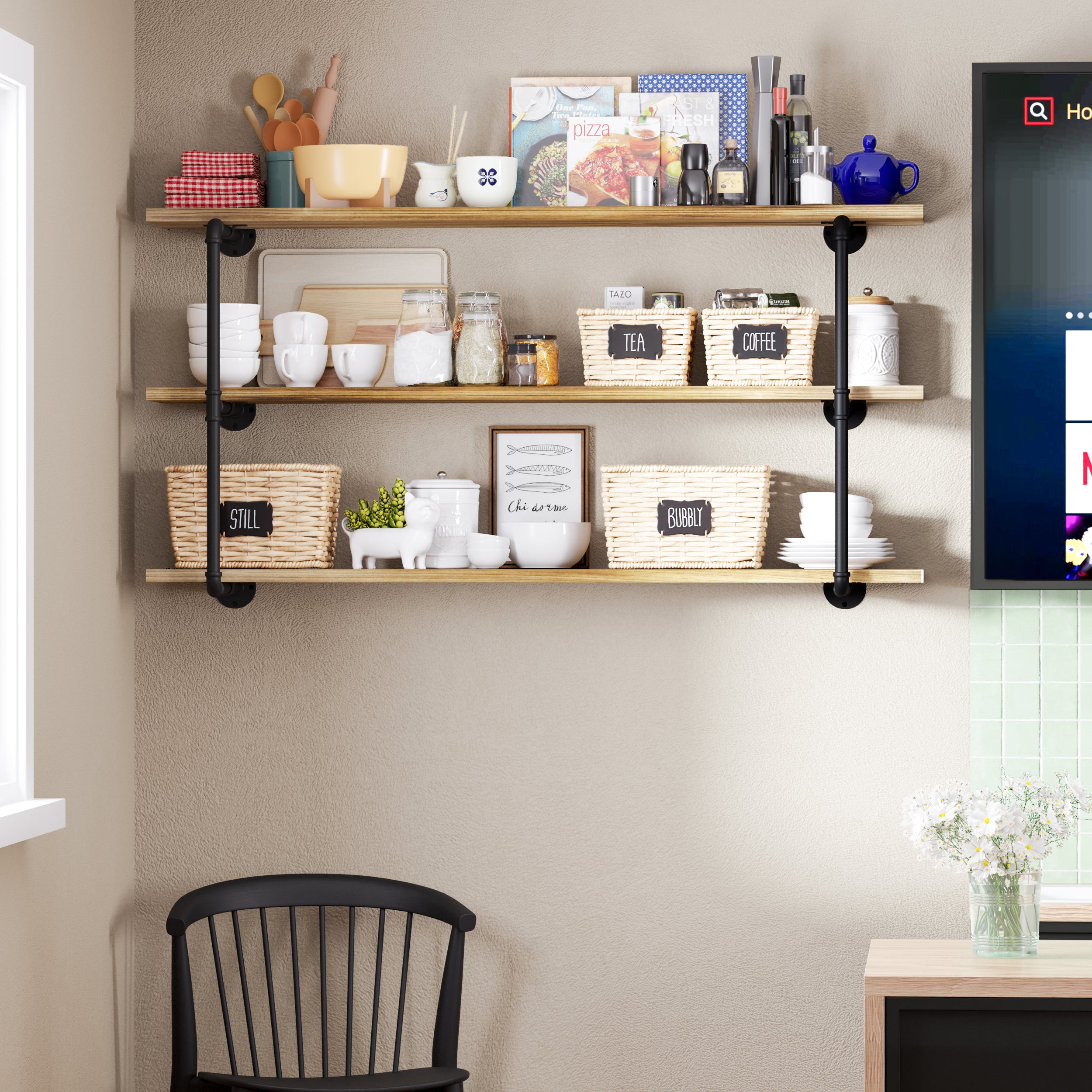 3 tiered rustic wall shelves with industrial pipe brackets displaying kitchen essentials and decor.