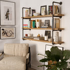 Cozy nook featuring PIPE 60'' Floating Pipe Shelves with books and decor; iron pipe brackets and burnt wood.