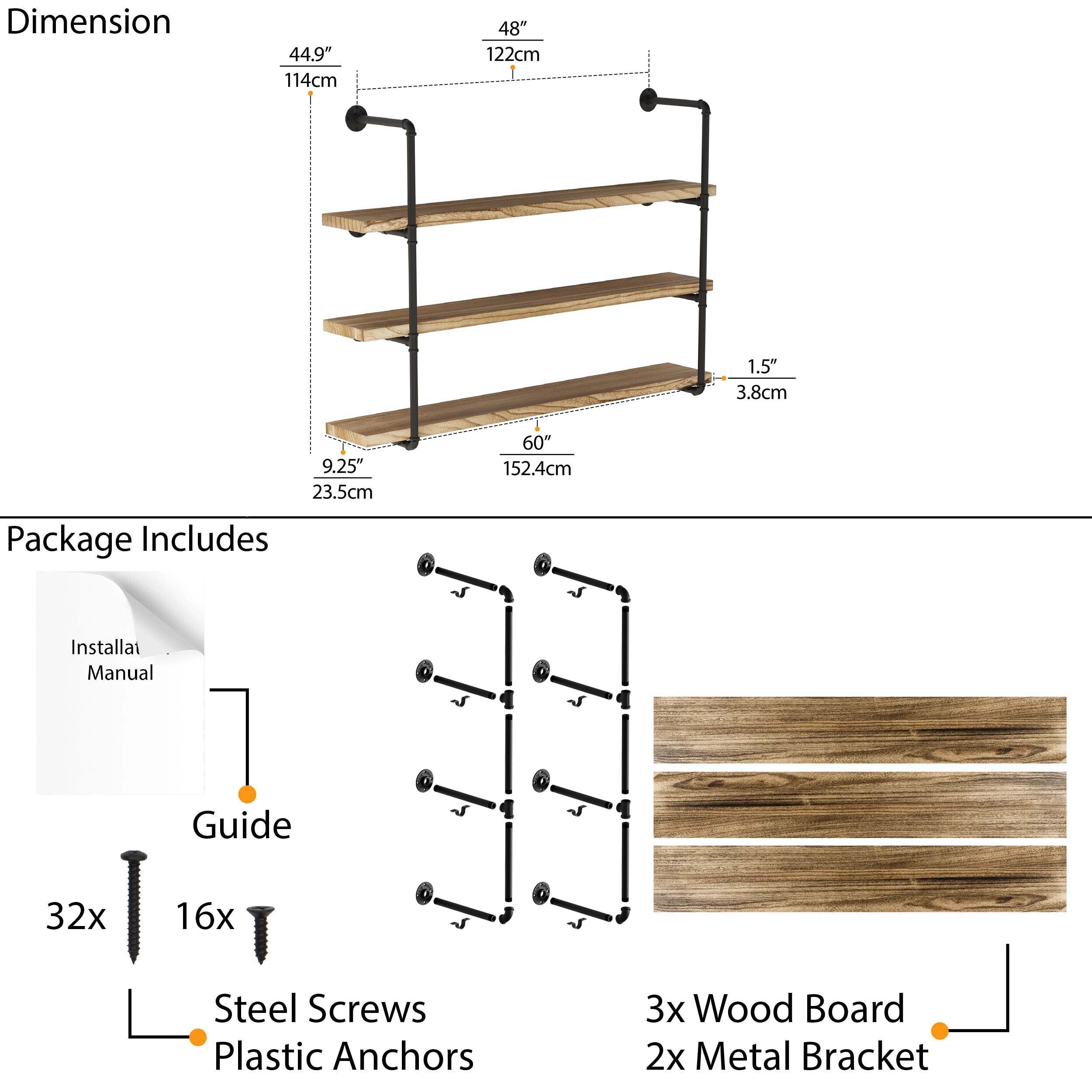 Detailed package contents for PIPE 60'' Floating Pipe Shelves; includes brackets, shelves, screws, anchors, and manual.