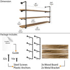 Detailed package contents for PIPE 60'' Floating Pipe Shelves; includes brackets, shelves, screws, anchors, and manual.