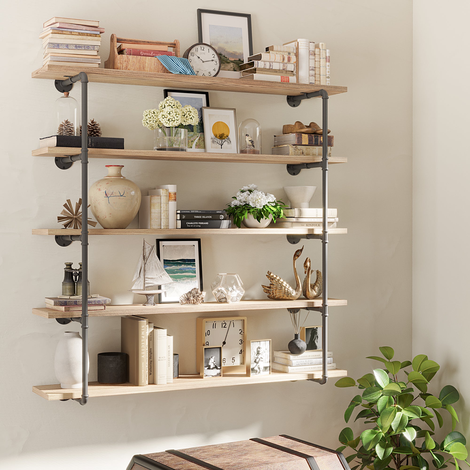 A cozy corner featuring the pipe shelving unit with 5 tiers, filled with an eclectic mix of books, clocks, vases, and decorative items. The shelves add both functionality and charm to the space.