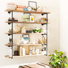 Decorative 5 tier industrial pipe shelf with rich ebony finish and burnt wood appearance. This 60 inch bookshelf blends rustic industrial style with practical wall storage for books, framed art, vases, and accents.