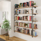 A detailed view of the 5 tiered industrial wall shelves in a living room, displaying a well-curated collection of books and decor items. The industrial chic design enhances the room's aesthetic.