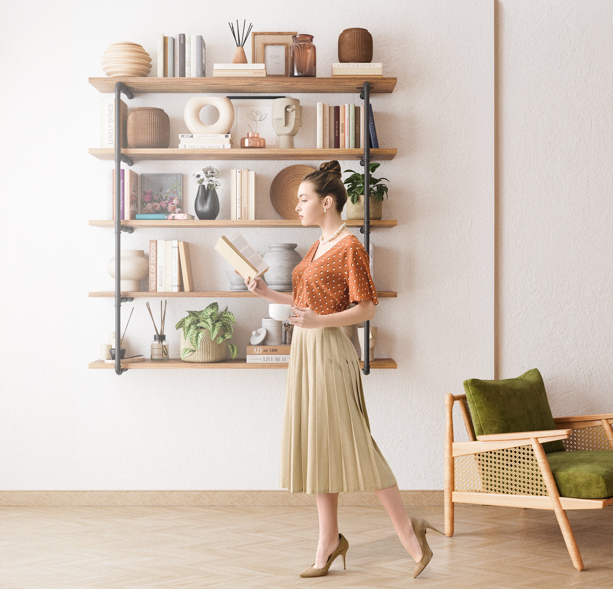 A woman reading in front of the pipe long shelves with heavy duty pipe brackets. The storage shelves are beautifully styled with books, plants, and decorative items, creating a cozy and inviting atmosphere.