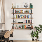 An office setup featuring the heavy duty pipe long shelves, showcasing books, decor items, and office supplies. The organizer shelves add a touch of sophistication and organization to the workspace.