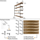 60” long pipe shelf dimensions featuring a burnt finish and rich ebony wood boards. Includes 5 wood shelves, pipe brackets, screws, anchors, and guide for durable wall-mounted farmhouse storage and organization.